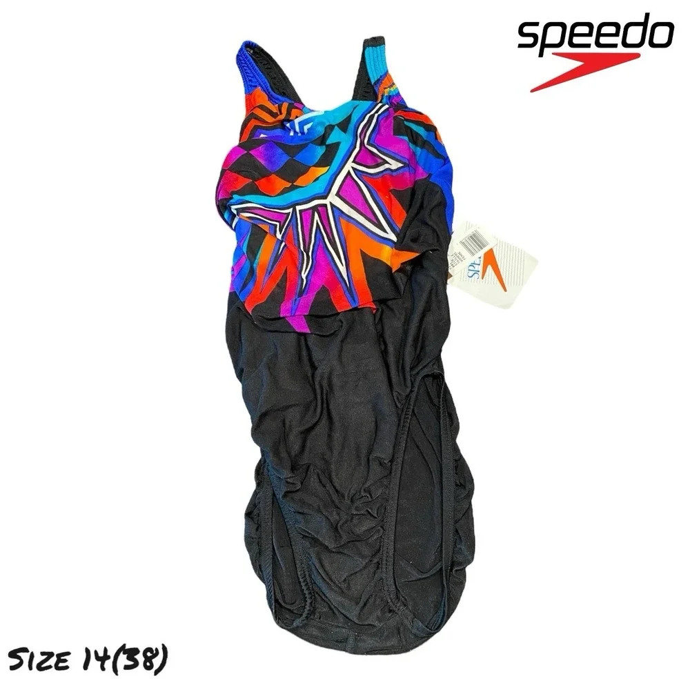 VTG 90s Speedo One-Piece Bathing Swimsuit Retro 80s Geometric USA Sz 14 (38) NWT